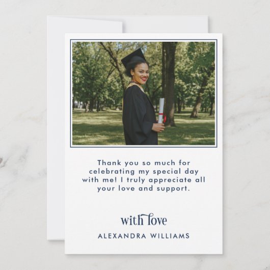 Navy Blue Elegant White Overlay Foto Afstuderen Bedankkaart (Achterkant)