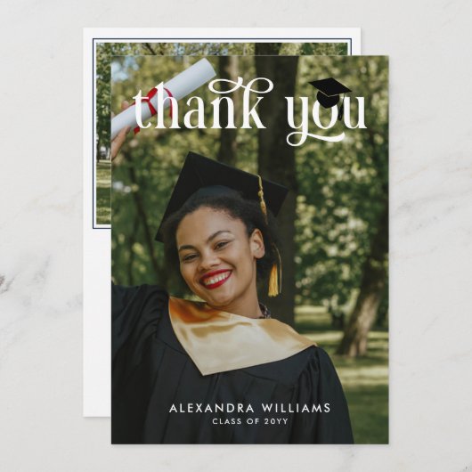 Navy Blue Elegant White Overlay Foto Afstuderen Bedankkaart (Voorkant / Achterkant)