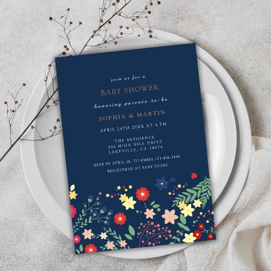 Navy Blue Elegant Wildflower Baby shower Kaart