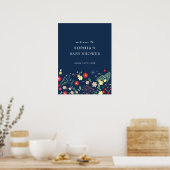 Navy Blue Elegant Wildflower Baby shower Welkom Poster (Keuken)
