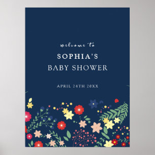Navy Blue Elegant Wildflower Baby shower Welkom Poster