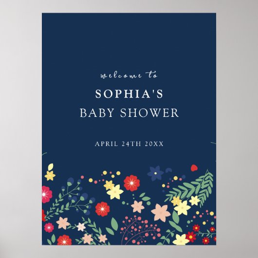 Navy Blue Elegant Wildflower Baby shower Welkom Poster (Voorkant)