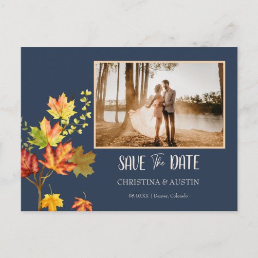 Navy Blue Elegante foto wild bladeren Save the Dat Briefkaart (Voorkant)