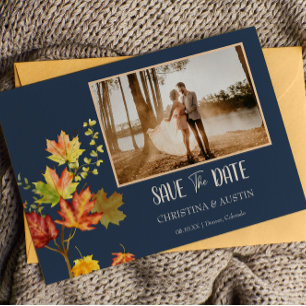 Navy Blue Elegante foto wild bladeren Save the Dat Briefkaart