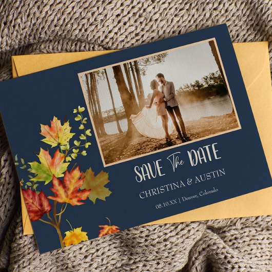 Navy Blue Elegante foto wild bladeren Save the Dat Briefkaart