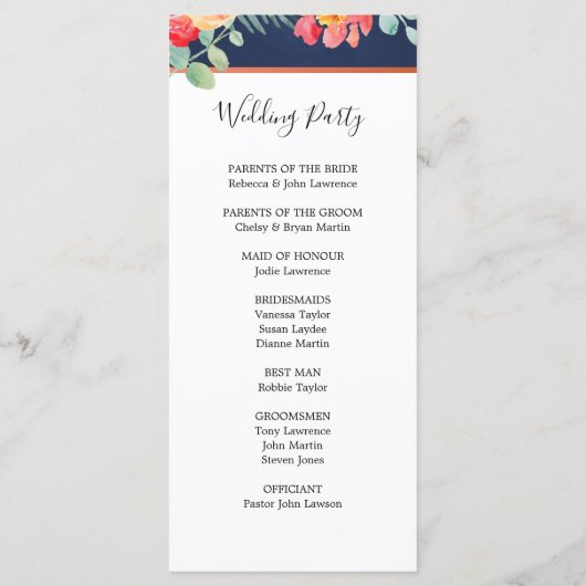 Navy Blue Elegante koraal bloemenbruiloft Programmakaart (Achterkant)