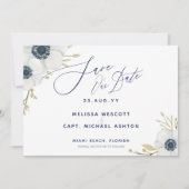 Navy Blue 💍 Elegante witte anemoon bruiloft Save The Date (Voorkant)