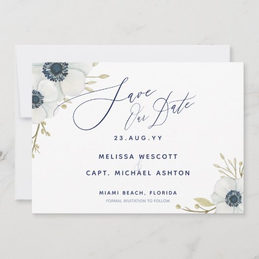 Navy Blue 💍 Elegante witte anemoon bruiloft Save The Date (Voorkant)