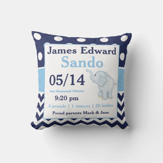 Navy Blue Elephant Baby Announcement Pillow Kussen (Voorkant)
