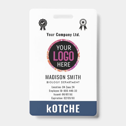 Navy Blue Employee Name Business Logo kotche Badge (Voorzijde)