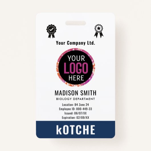 Navy Blue Employee Name Business Logo kotche Badge (Voorkant)