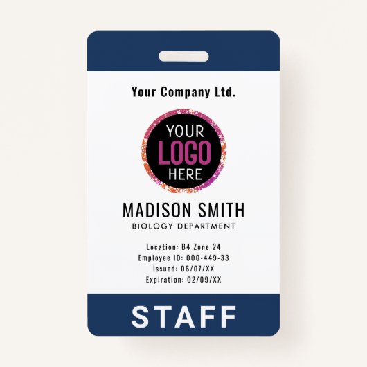 Navy Blue Employee Name Business Logo kotche Badge (Voorkant)