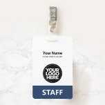 Navy Blue Employee Name Business Logo Personeel La Badge<br><div class="desc">Pas deze Aangepaste badge voor administratieve beroepsnaam eenvoudig aan zonder foto, met de code Scanbalk en de grote zakelijke logo. Een eenvoudig bedrijfsontwerp in blauw en witte marinekleuren die volledig aanpasbaar zijn voor zowel voor- als achterformaten, sans-serif basis- en moderne lettertypen en een professionele en duidelijke look, ideaal voor werknemers...</div>