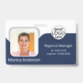 Navy Blue Employee Photo ID Name QR Bar Code Badge (Voorzijde)