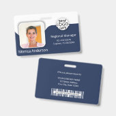 Navy Blue Employee Photo ID Name QR Bar Code Badge (Voor- en achterkant)