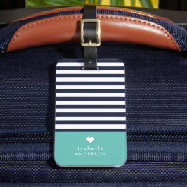 Navy Blue en Aqua Chic Stripes Heart Monogram Bagagelabel