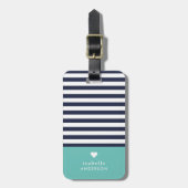 Navy Blue en Aqua Chic Stripes Heart Monogram Bagagelabel (Voorkant verticaal)