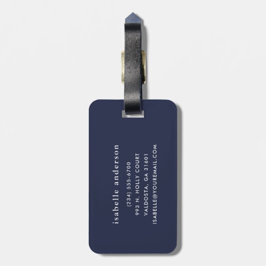 Navy Blue en Aqua Chic Stripes Heart Monogram Bagagelabel (Achterkant verticaal)