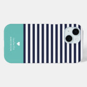 Navy Blue en Aqua Chic Stripes Heart Monogram Case-Mate iPhone Case (Achterkant (horizontaal))