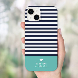 Navy Blue en Aqua Chic Stripes Heart Monogram Case-Mate iPhone 14 Hoesje