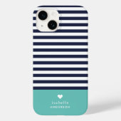Navy Blue en Aqua Chic Stripes Heart Monogram Case-Mate iPhone Case (Achterkant)