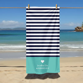 Navy Blue en Aqua Chic Stripes Heart Monogram Strandlaken