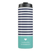 Navy Blue en Aqua Chic Stripes Heart Monogram Thermosbeker (Voorkant)