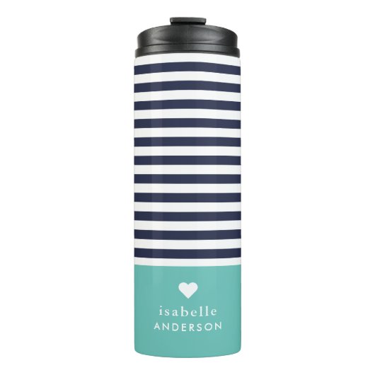 Navy Blue en Aqua Chic Stripes Heart Monogram Thermosbeker (Voorkant)
