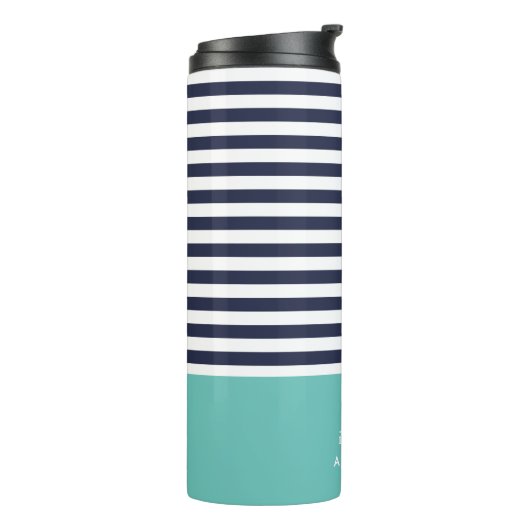 Navy Blue en Aqua Chic Stripes Heart Monogram Thermosbeker (Gedraaid links)