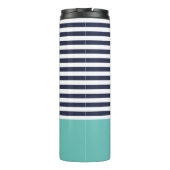 Navy Blue en Aqua Chic Stripes Heart Monogram Thermosbeker (Achterkant)
