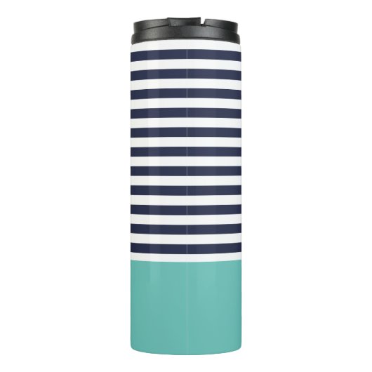Navy Blue en Aqua Chic Stripes Heart Monogram Thermosbeker (Achterkant)