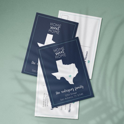 Navy Blue en Aqua Home Sweet Home - Texas Moving Aankondigingskaart
