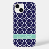 Navy Blue en Aqua Quatrefoil Custom Monogram Case-Mate iPhone Case (Achterkant)