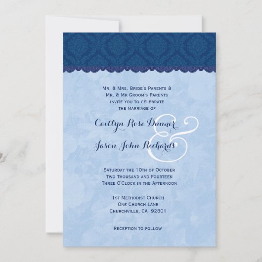 Navy Blue en Baby Blue Damask Wedding V007 Kaart (Voorkant)