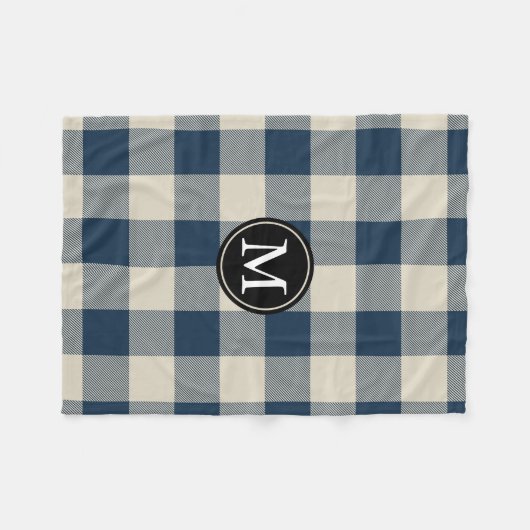 Navy Blue en Beige Buffalo Check Monogram Fleece Deken (Voorkant (Horizontaal))