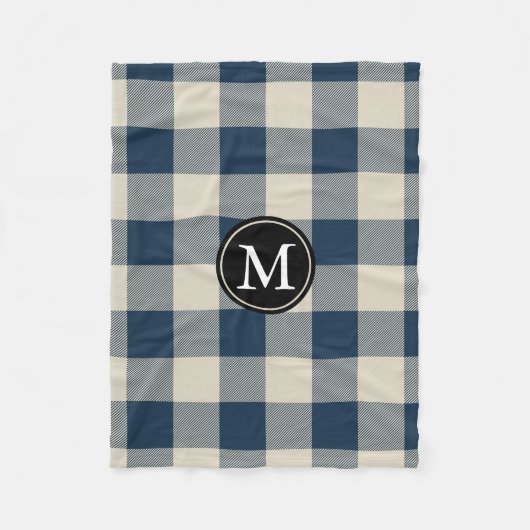 Navy Blue en Beige Buffalo Check Monogram Fleece Deken (Voorkant)