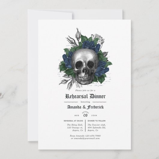 Navy Blue en Black Floral gothic Rehearsal Dinner Kaart (Voorkant)