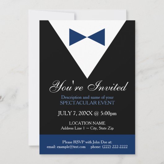 Navy Blue en Black Tux Invitation, Modern Kaart (Voorkant)