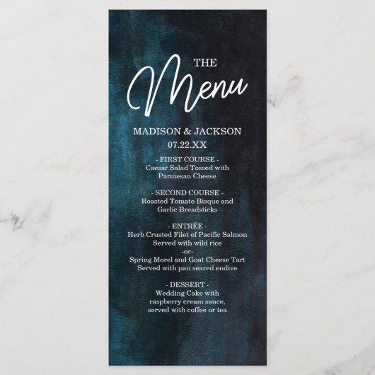 Navy Blue en Blauwgroen Waterverf & White Wedding  Menu (Voorkant)