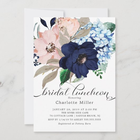 Navy Blue en Blush Bloemen Bridal Luncheon Kaart (Voorkant)
