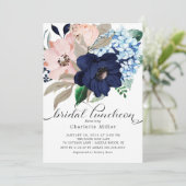 Navy Blue en Blush Bloemen Bridal Luncheon Kaart (Staand voorkant)