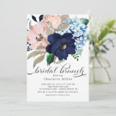 Navy Blue en Blush Bloemen Bruids Brunch Kaart (Staand voorkant)