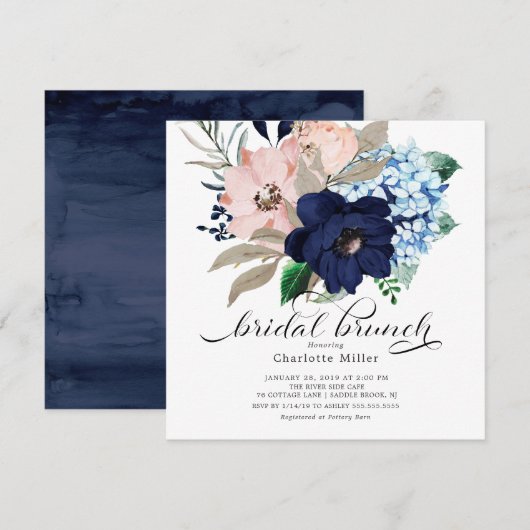 Navy Blue en Blush Bloemen Bruids Brunch Kaart (Voorkant / Achterkant)