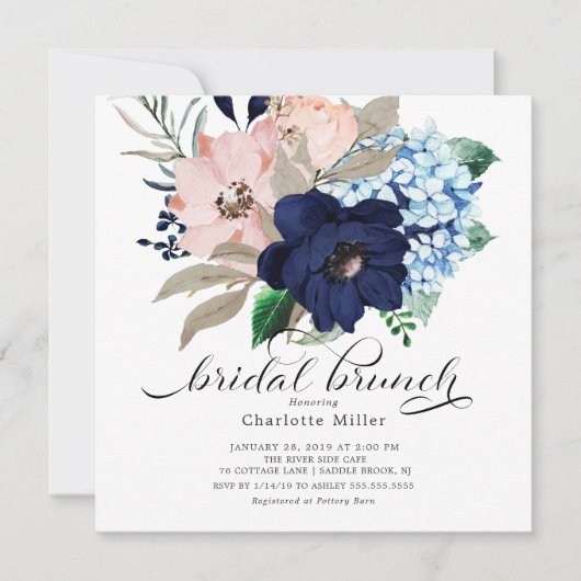 Navy Blue en Blush Bloemen Bruids Brunch Kaart (Voorkant)