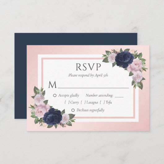 Navy Blue en Blush Bloemen Bruiloft RSVP Kaarten (Voorkant / Achterkant)