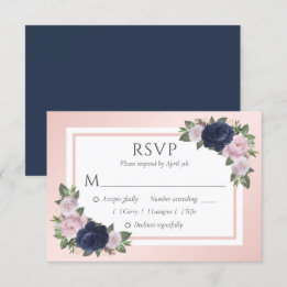 Navy Blue en Blush Bloemen Bruiloft RSVP Kaarten