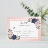 Navy Blue en Blush Bloemen Bruiloft RSVP Kaarten Kaartje (Staand voorkant)