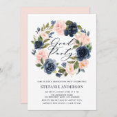 Navy Blue en Blush Bloemenkrans Afstuderen Kaart (Voorkant / Achterkant)