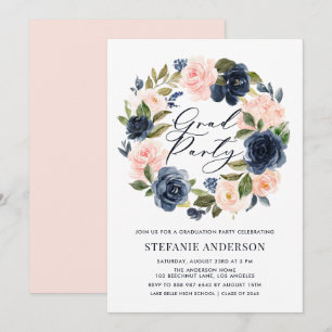 Navy Blue en Blush Bloemenkrans Afstuderen Kaart