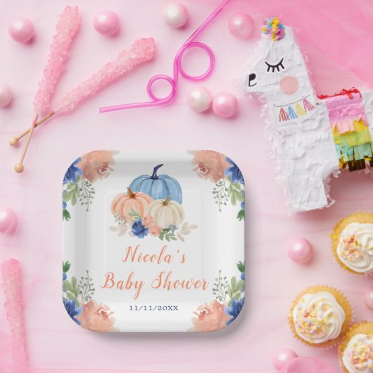 Navy Blue en Blush Bloemenpompoenen Baby shower Papieren Bordje (Feest)